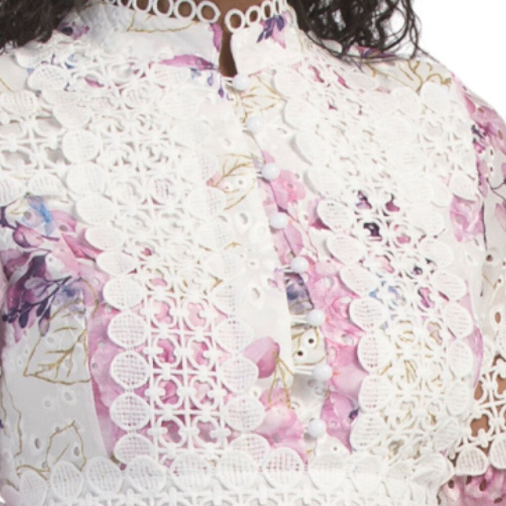 DALIA MACPHEE Long Sleeve Floral Eyelet Lace Trim Mini Dress - Picture 3 of 6